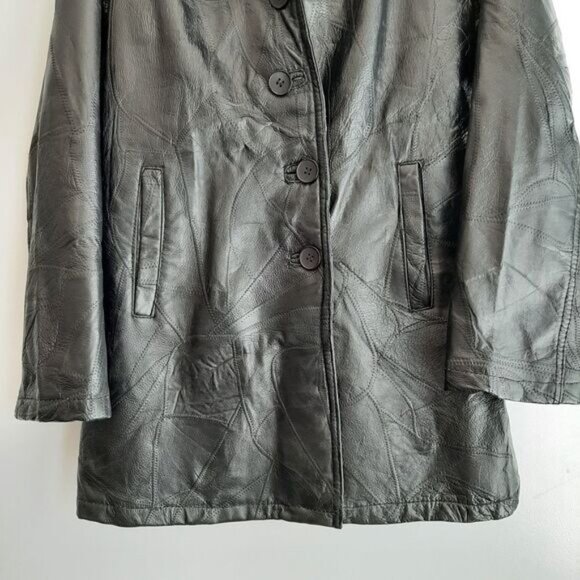 LE WORLD Vintage Genuine Leather Jacket Coat Patchwork Finish Black Sz L - Picture 4 of 14